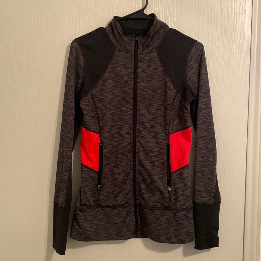 Workout bundle. Charcoal/red zip down sweater & gray leggings.